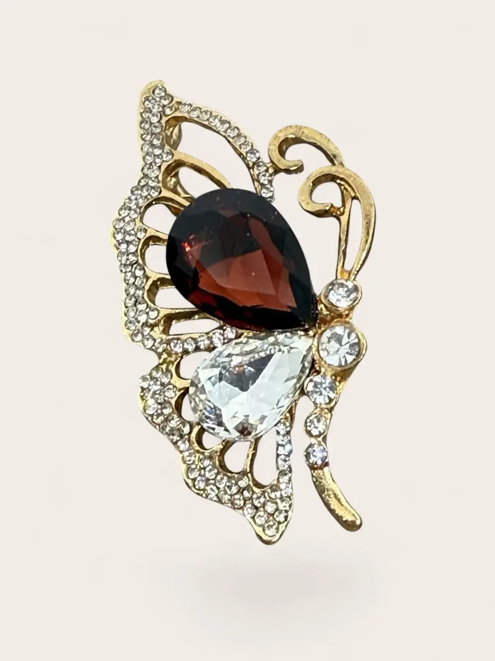 Gold Tone Butterfly Brooch Red & Clear Crystal Rhinestone Pendant